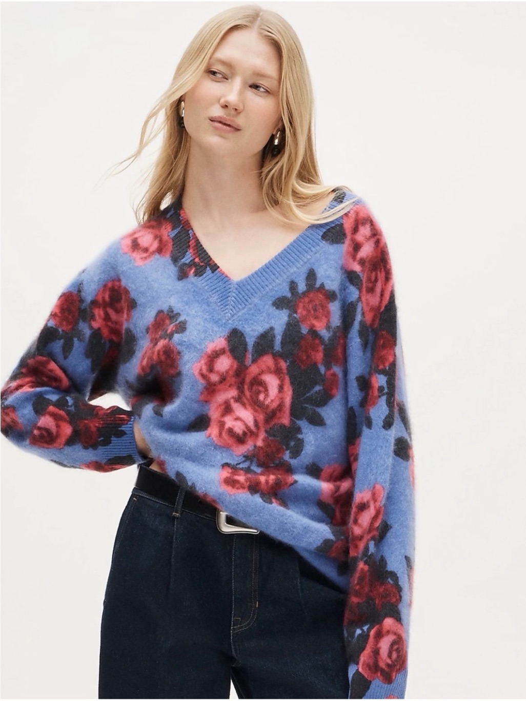 J. Crew Brushed 100% Cashmere Relaxed V-Neck Sweater In Floral Print Blue/Pink